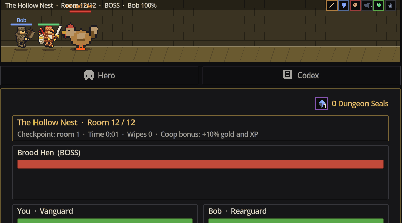 Animation: two heroes fight the Brood Hen boss in the Hollow Nest while its health bar drops.