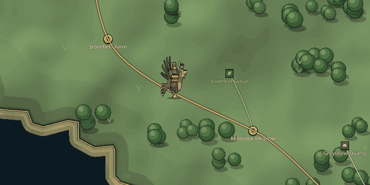 Animation: a hero on a rooster mount rides along a road across a green map.
